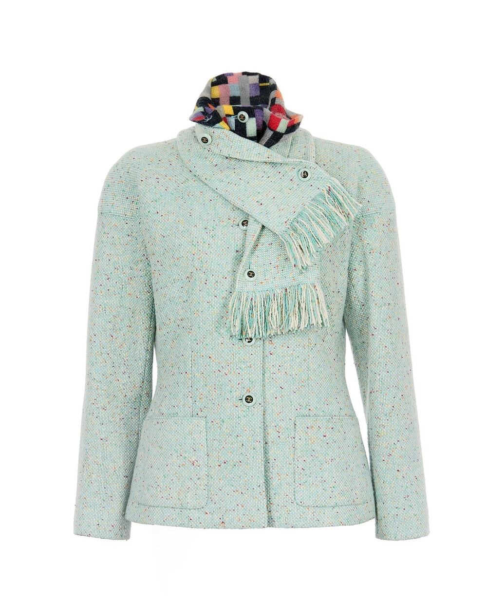 Chanel Women’s Mint Green Wool-Mohair Blend Tweed Jacket with Scarf – Size 44